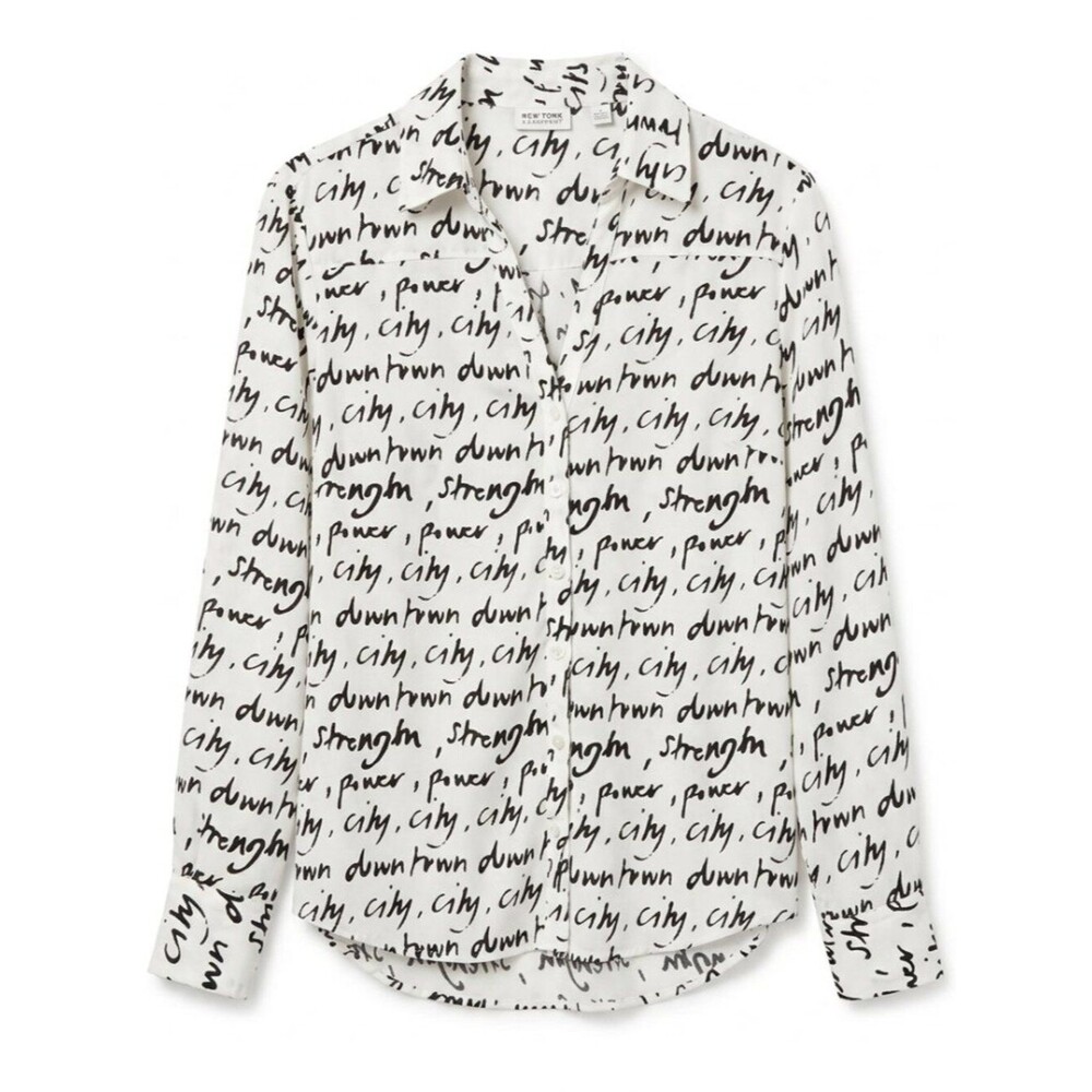 New York & Company White & Black Script Print Button-Down Blouse